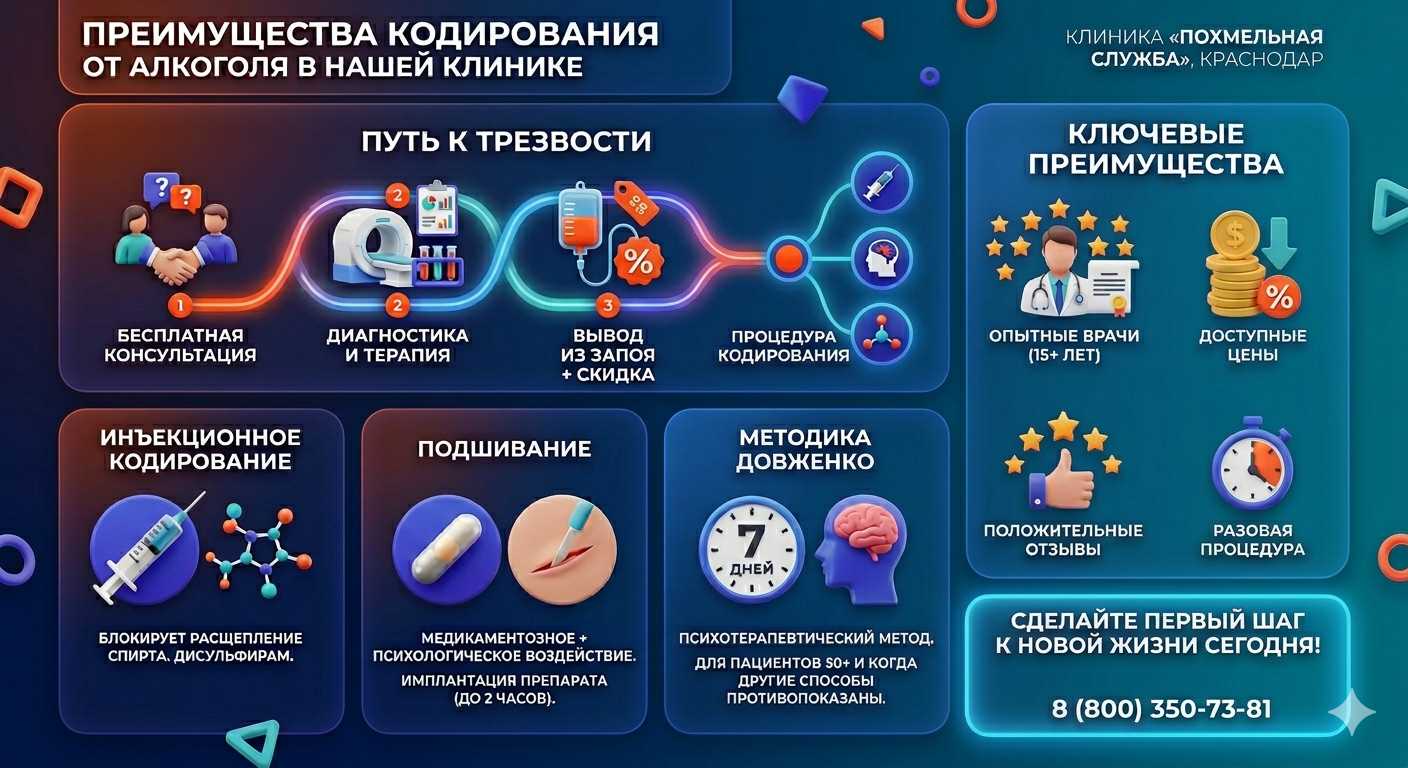 Инфографика о методах кодирования от алкоголя в Шумихе: инъекции, подшивание, метод Довженко. Преимущества клиники и этапы лечения.
