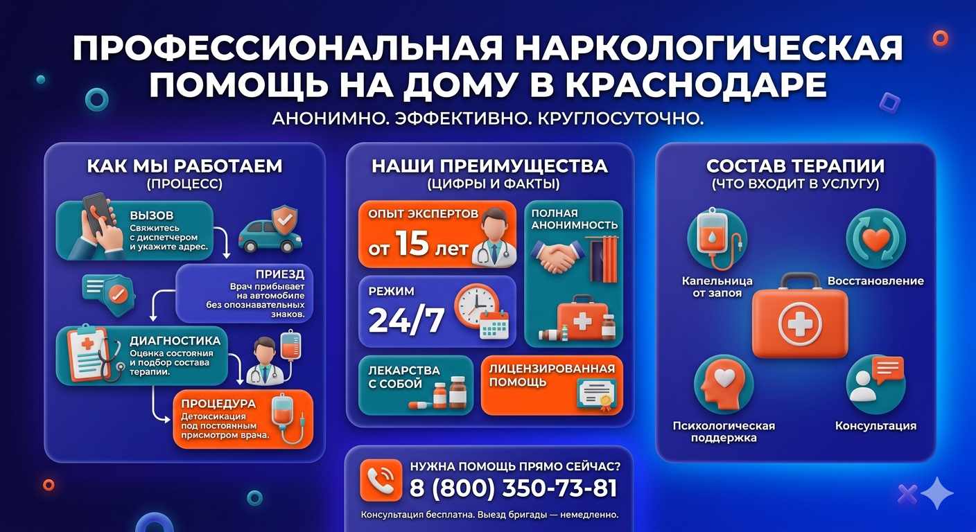 Инфографика о принципах лечения алкоголизма на дому в Шумихе: этапы вызова нарколога, преимущества анонимной детоксикации и состав медицинской помощи.
